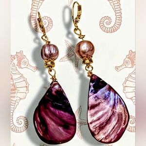 Stunning Pink Purple Mother Of Pearl & Pink  Pearl In All Natural Long Earrings